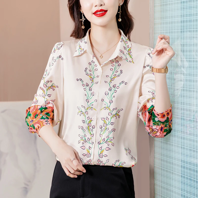 

Женские рубашки, новинка, Модный повседневный топ из поплина с длинным рукавом, Летняя женская одежда с принтом и воротником-поло, Houthion