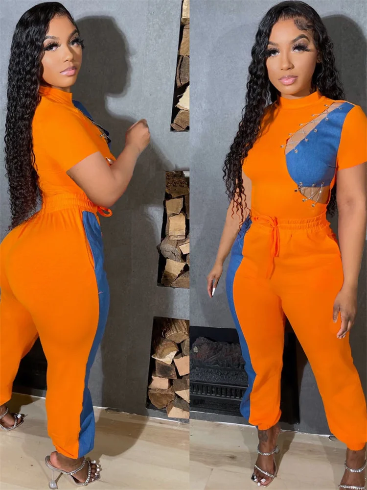 

Модный повседневный однотонный Джинсовый комплект из двух предметов в стиле пэчворк, комплект из двух предметов, женская одежда, брючный ко...