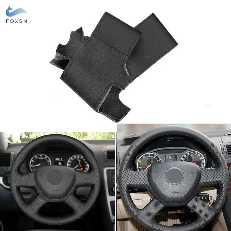 

Hand-stitched Black Perforated Leather Steering Wheel Cover For Skoda Octavia Superb 2013-2015 Roomster 2014 Citigo Fabia 2013