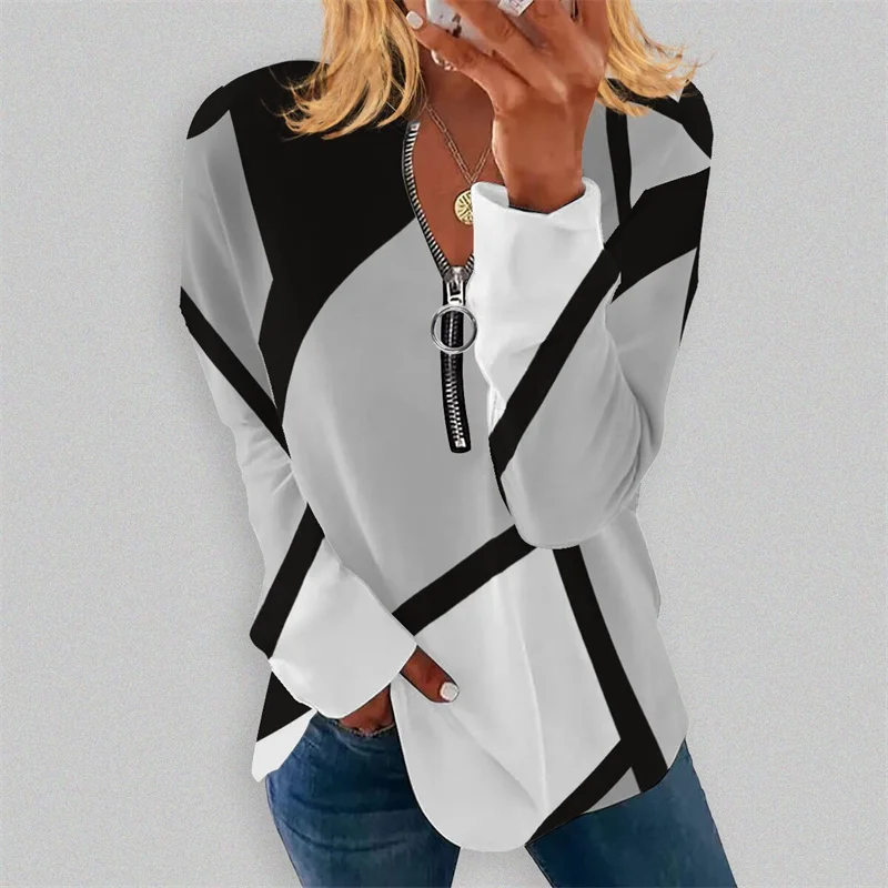 Купи Women's Loose Zipper V Neck T-shirt Fashion Geometric Pattern Long sleeve Elegant Casual Office Ladies Tee Tops Autumn Clothing за 482 рублей в магазине AliExpress