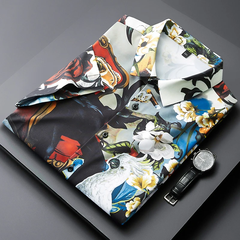 

2022 Men Summer Fashion Printed Ice Silk Shirts Men's Short Sleeves Slim Fit Shirts Male Casual Business Large Size Blouses G90