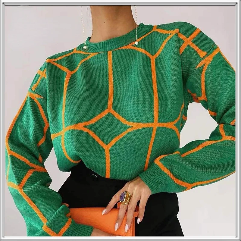 

SABINAX Knitwear Women's Fashion Round Neck Line Pattern Long Sleeve Warm Pullover Knitted Top Women