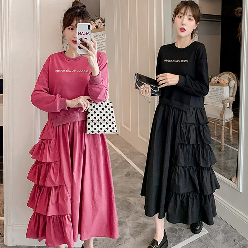 Весеннее женское свободное повседневное платье с круглым вырезом и длинными