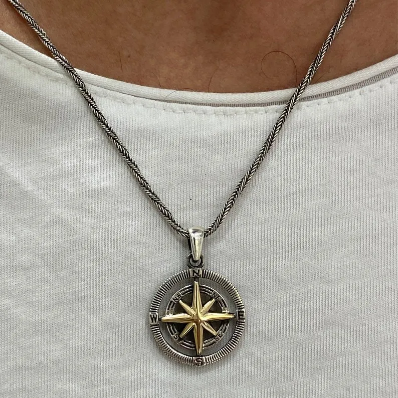Компасное ожерелье Северная стрелка звезда серебряное мужское 925k стерлинговый подарок на шнурке