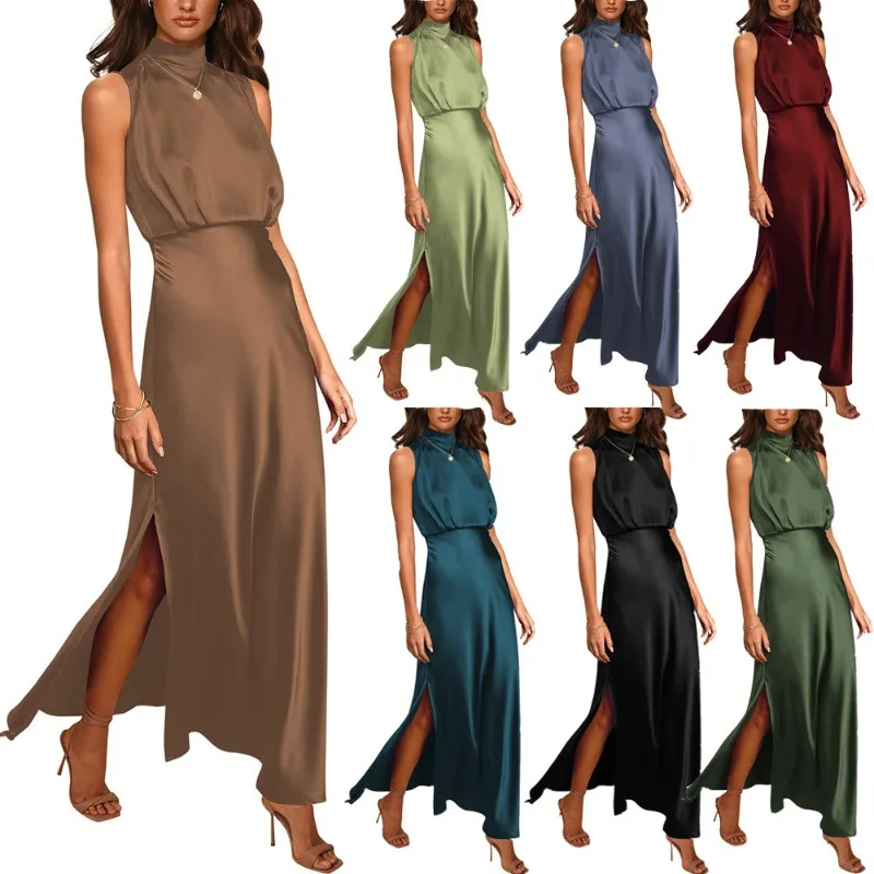 

2023 Women's Solid Color Stand Collar Noble Elegant Dress Sexy Slim Fashionable Lady Sleeveless Light Evening Dress Long Dress