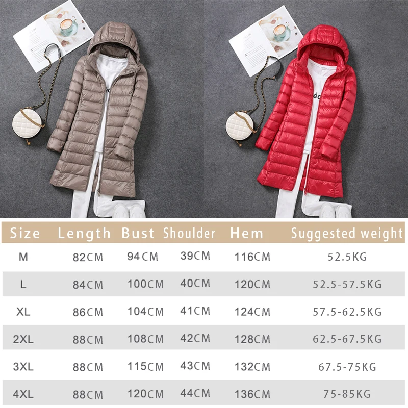 Winter Warm Womens Down Jackets Ultra Light Thin Casual Coat Quilted Jacket Slim Long Coat Removable Hooded Parka