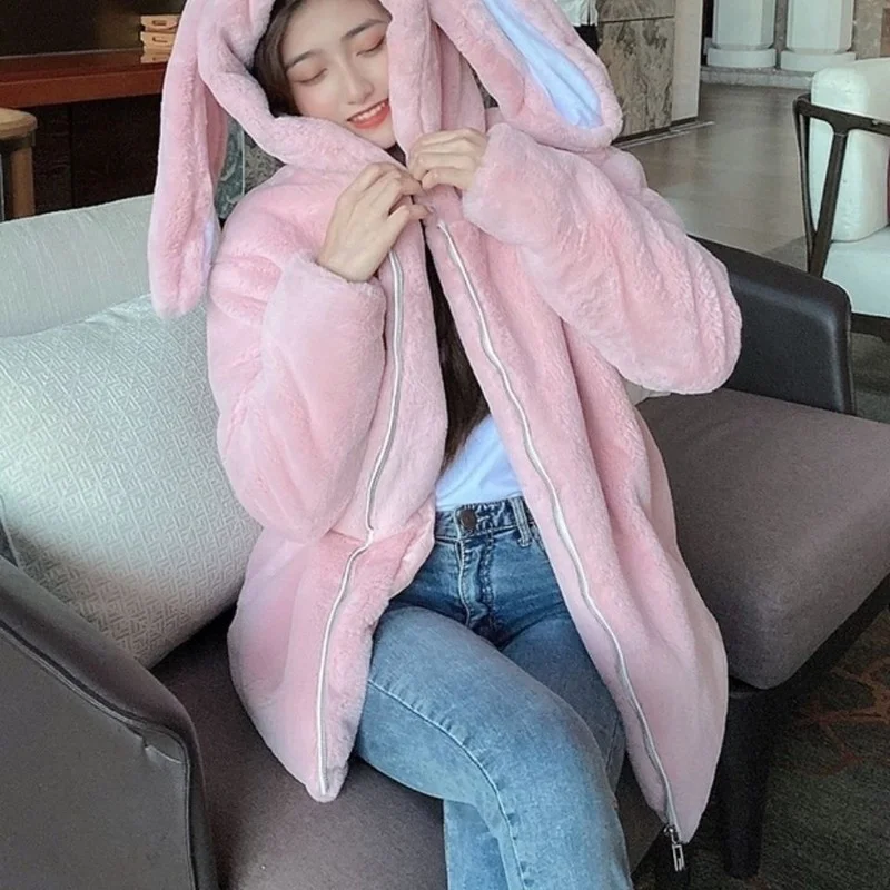 Autumn and Winter Kawaii Cute Jacket Women's Hooded Rabbit Ears Imitating Rex Rabbit Fur Plush Faux Fur Coat Thick and Warm