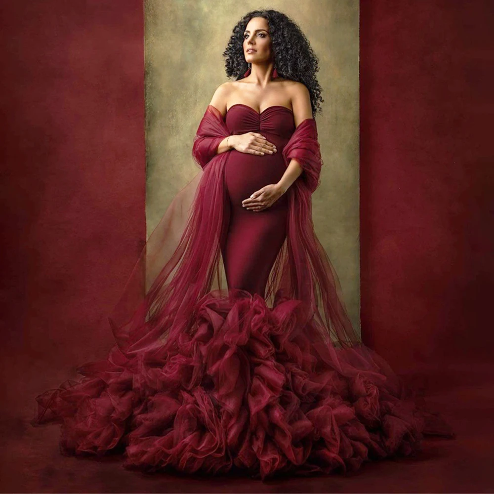 

Burgundy Maternity Sleepwear With Wrap Ruffles A Line Maternity Evening Dresses Photoshoot Boudoir Lingerie Bathrobe Nightwear