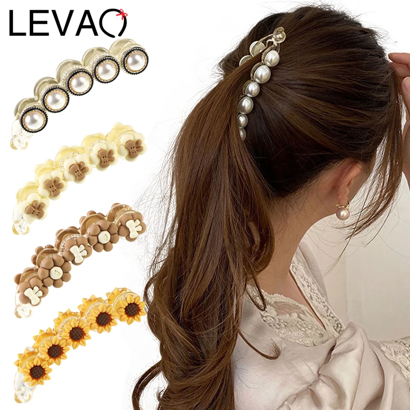 

LEVAO 1 Pack Pearl Banana Hair Clips Women's Jewelry Accessories Fashion Ponytail Hair Clips Twist Clip Hair Accessories