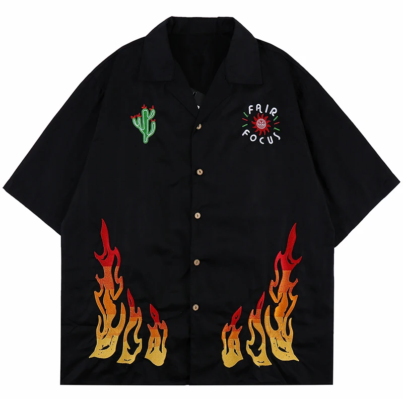 

Summer Men Oversized Short Sleeve Shirts Hip Hop Embroidery Fire Flame Cactus Blouses Streetwear Harajuku Casual Fashion Shirts