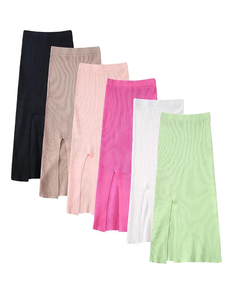 

2022 Summer Women Straight Skirts Casual Knitting Elastic waist Solid Female Elegant Split Mid-Calf Skirt Clothing