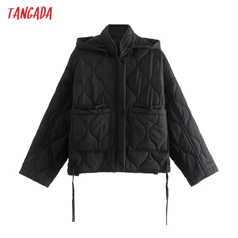 

Tangada Women Black Oversize Hood Parkas 2021 Winter Zipper Pockets Female Warm Elegant Coat Jacket QD98