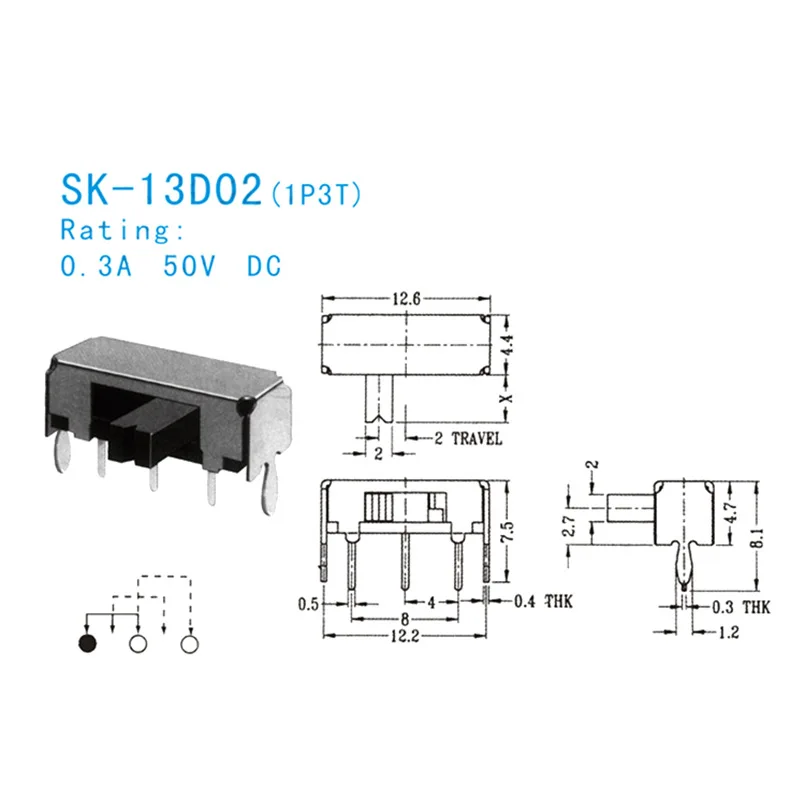 Переключатель с 3 контактами горизонтальная 2-ступенчатая 2-контактная