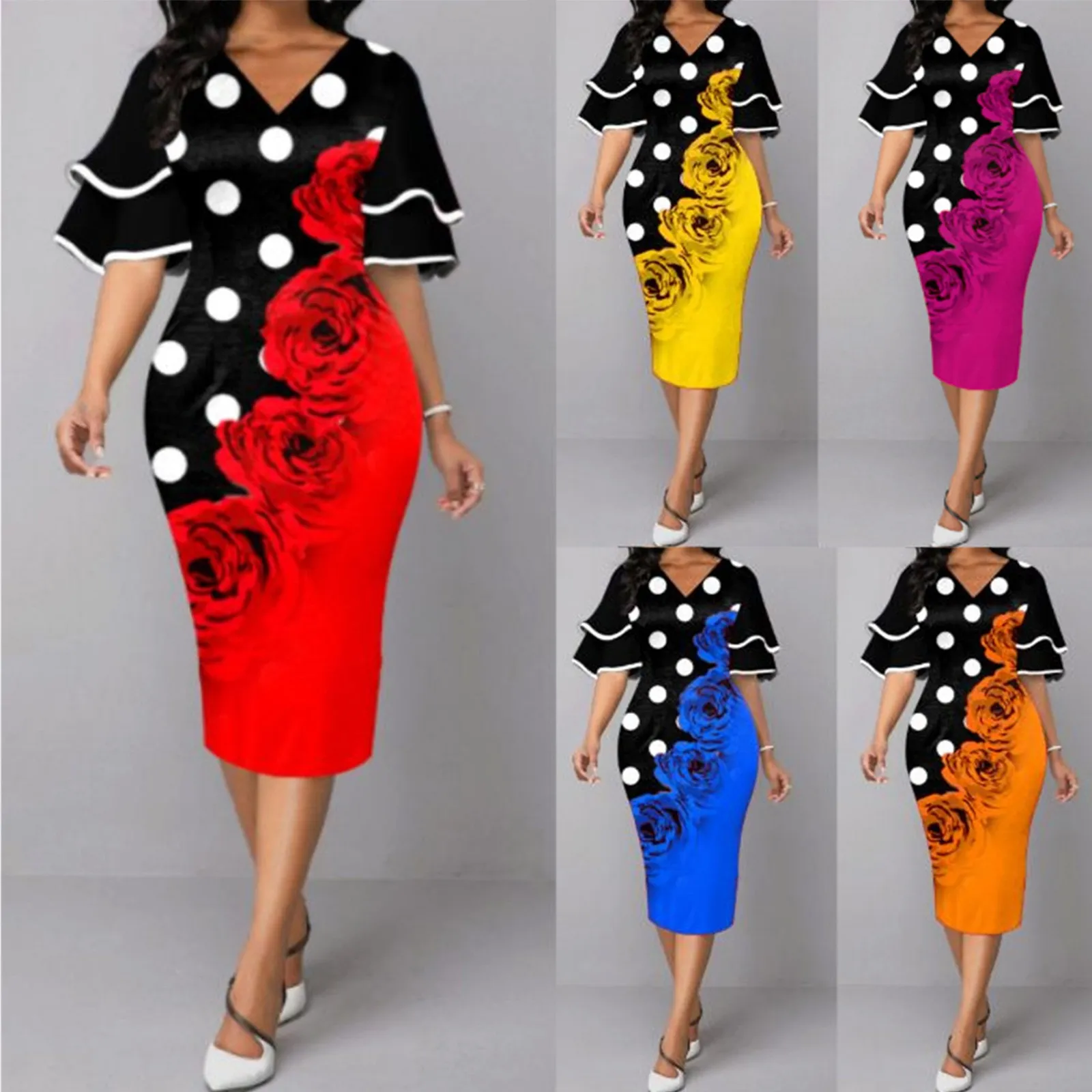 

Женское новое осенне-зимнее элегантное платье с многослойным Расклешенным рукавом и принтом вечернее платье