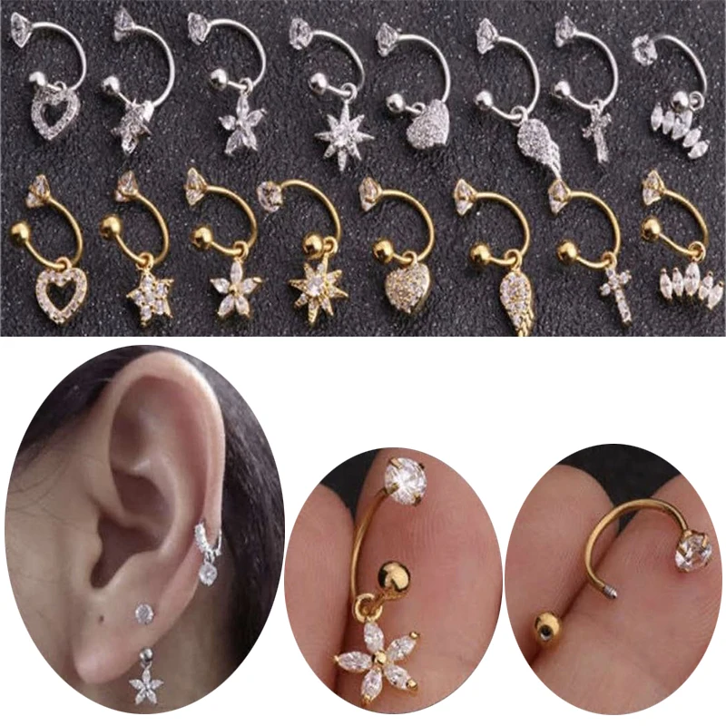 1PCS 316L Surgical Steel Ear Piercing Earrings Zircon Conch Pendant Ear Ring Cartilage Tragus Helix Piercing Fashion Jewelry