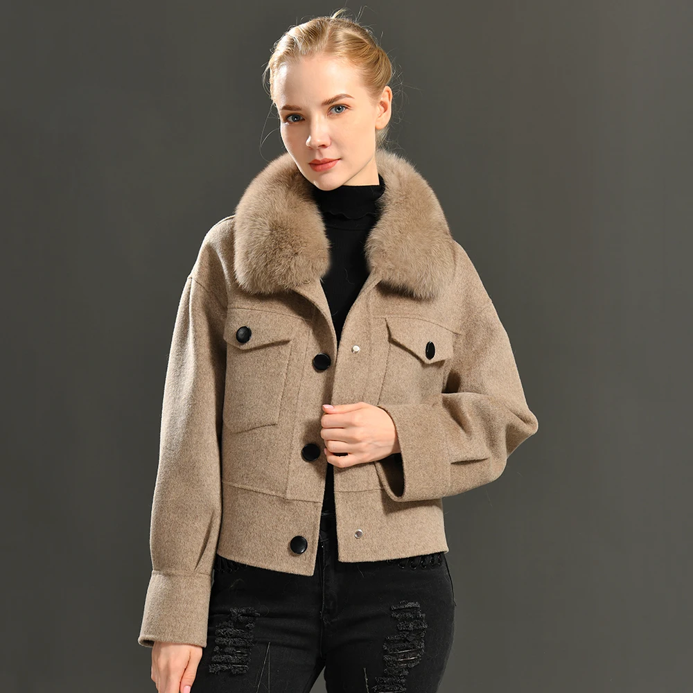 

2021 Cashmere Wool Coat with Big Real Fur Collar Winter Jacket Pocket Full Sleeves Women Cropped Wool Outerwear Streetwear