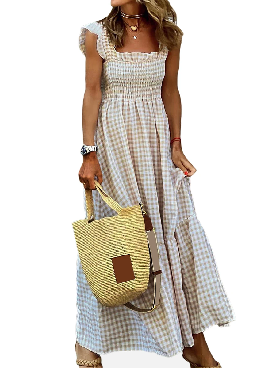 Boho Chic  for Women Sleeveless Plaid Print A-line Beach Dress with Shirred Waist and Flowy Hemline