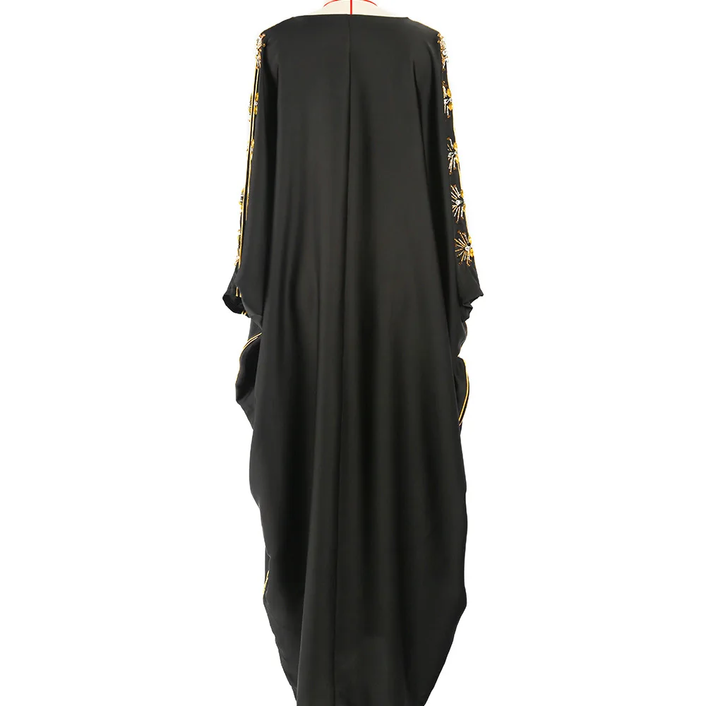 Muslim Fashion Black Satin Asymthatical Batwing Sleeve Robe Baya Diamond Cape Cloak Abaya Dubai Turkey Muslim Dress Elegant