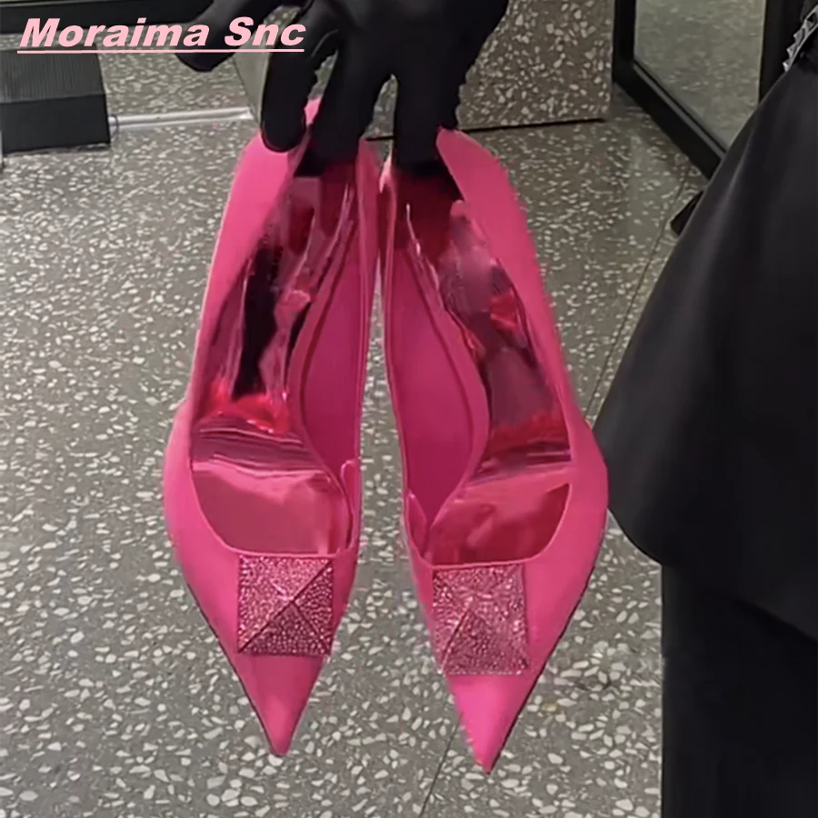 Rosered Rhinestone Glitter Women Fashion Summer Pumps Square Buckle Pointed Toe Solid Luxury Slip On SexyStiletto  Heel Shoes