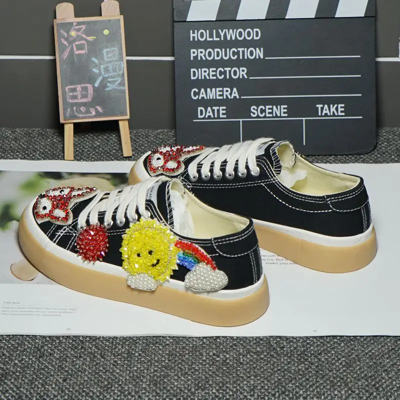Heavy industry rhinestone rainbow pattern smiley face low-top canvas shoes flat casual street shoes comfortable 35-40
