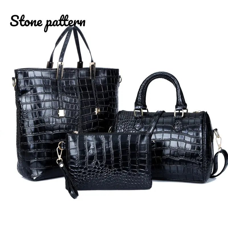 Amberler Fashion PU Leather Women Handbags Luxury Designer Crocodile Pattern 3 Pieces Sets Shoulder Bag High Quality Tote Bags