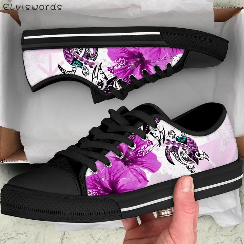 

ELVISWORDS Print Polynesia Hibiscus Flowers And Turtles Low Top Canvas Shoes For Ladies Comfortable Lightweight Woman Sneakers