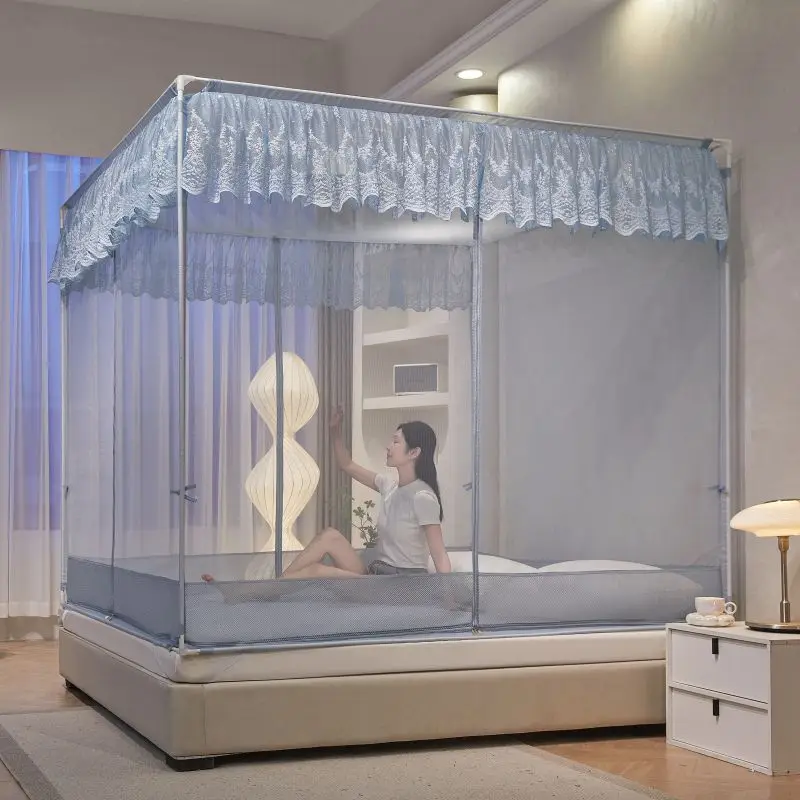 Фото Трехдверная дворцовая москитная сетка с защитой от падения, детский кронштейн, шифрование, кровать, молния, навес, палатка, большое пространство, кружевной дизайн принцессы №2