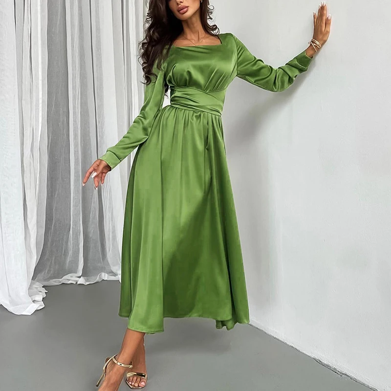 

Женское атласное платье с длинным рукавом, повседневное Длинное свободное однотонное платье-трапеция с поясом, весна