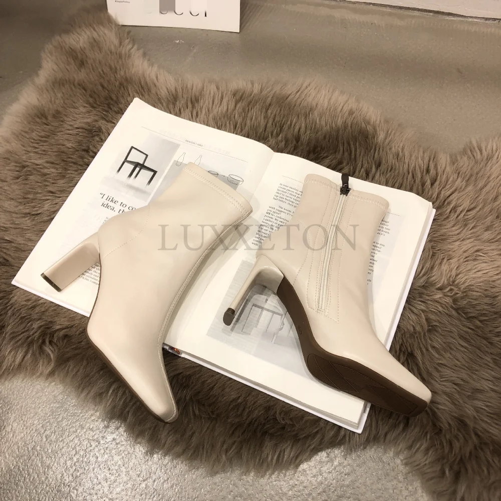 New Soft Peather Leather Women Ankle Boots Fashion Ladies Square High Heel Zipper Chelsea Short Boots Dress Pumps