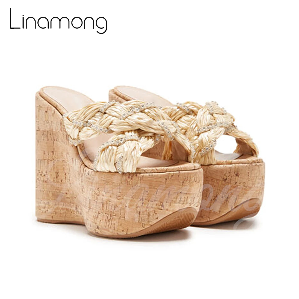 Wedge Slippers Braided Leather Summer Sandals Brown Espadrilles Super High Heel Mules for Women Gold Rhinestone Luxury Slippers