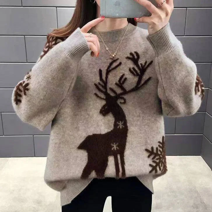 

2022 Autumn Winter Round Neck Christmas Animal Elk Printing Knitted Pullover For Women Elegant Fashion Korean Sweater Tops