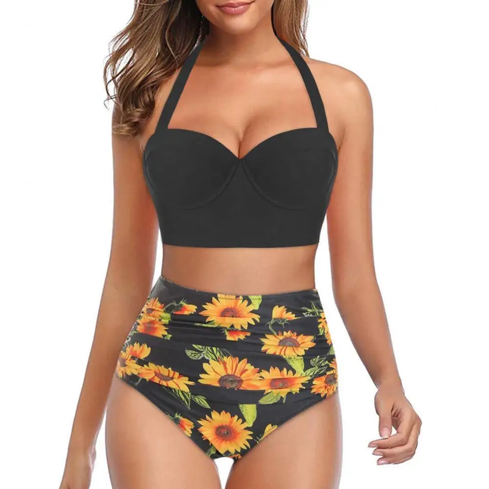 

Padded Wire Free Two Piece Bikini Set Halter Bra Sunflower Print Briefs Women Push Up Swimwear 2022 for Beach Bathing Suit