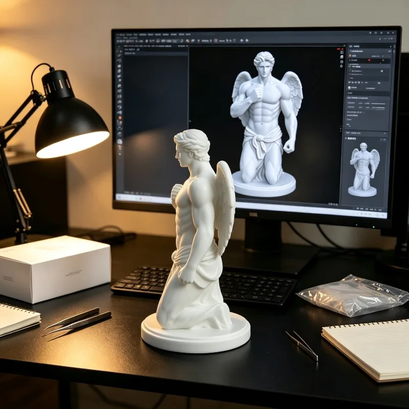 Фото Новая 3D-печатная статуя мышечного крылатого ангела в позе на коленях, пластиковая скульптура по мотивам греческой мифологии, можно раскрасить самостоятельно. №4