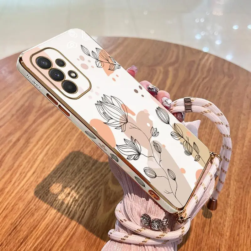 

Simplicity Plants Lanyard Plating Phone Case For Samsung Galaxy A54 A34 A24 A73 A71 A72 A53 A52 A52S A04S A04E A72 Cover
