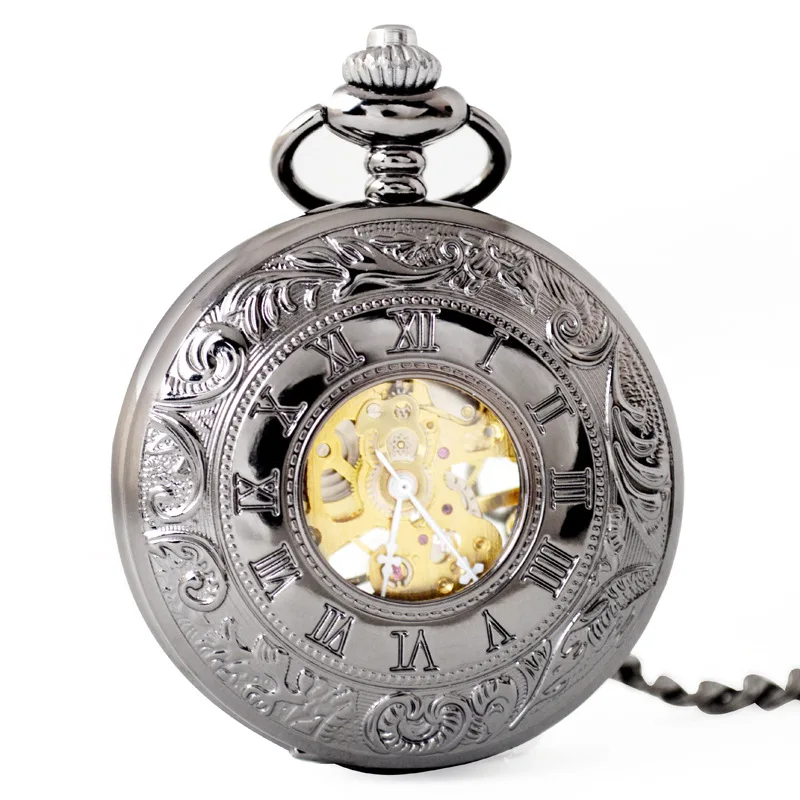 Luxury Steampunk Mechanical Pocket Watch for Men Women Hollow Skeleton Case Vintage Roman Numerals Dial Fob Chain Pendant Clock