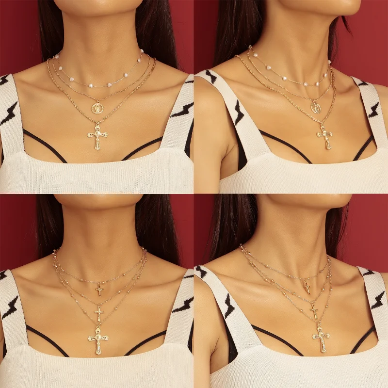 

Vintage Cross Multi-layered Necklace for Women Fashion Business Collarbone Metal Chain Beauty Jewelry for Neck Party Gift 2023