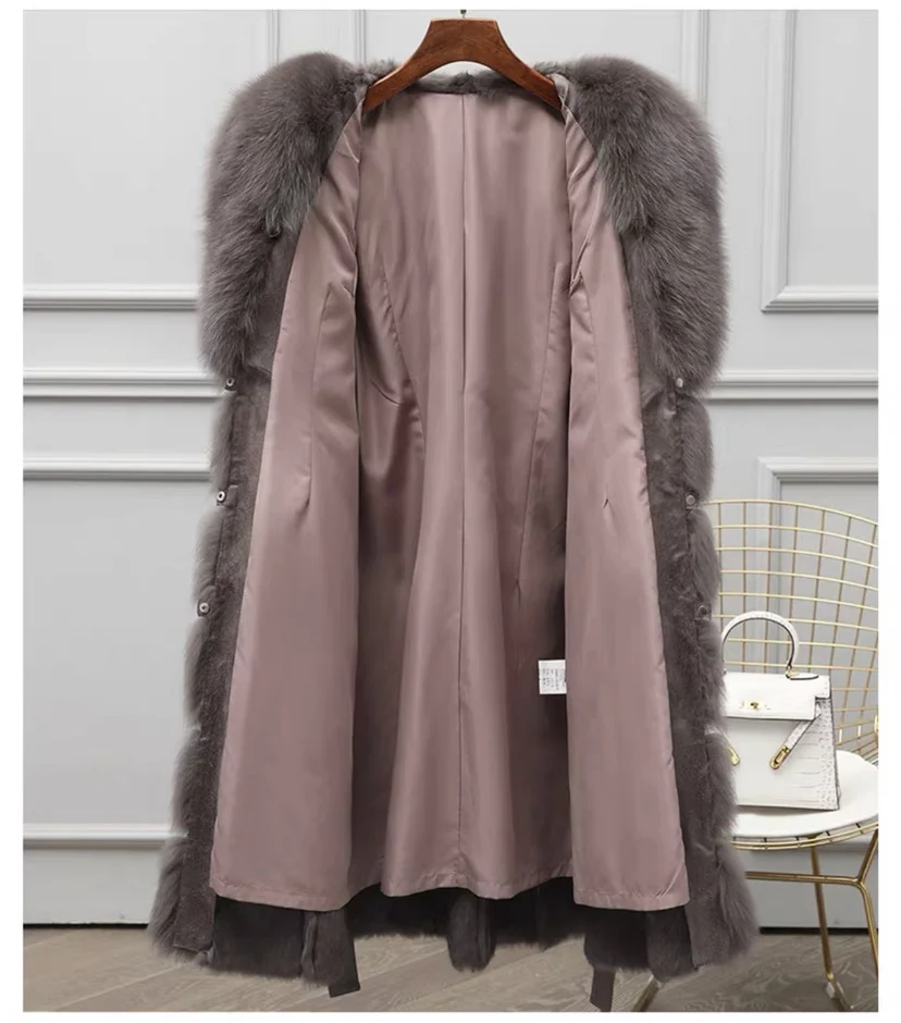 New Winter Women Real Fur Coat With Fox Fur Collar Genuine Rabbit Skin Natural Fur Jacket Thick Warm Outerwear X-long Streetwear