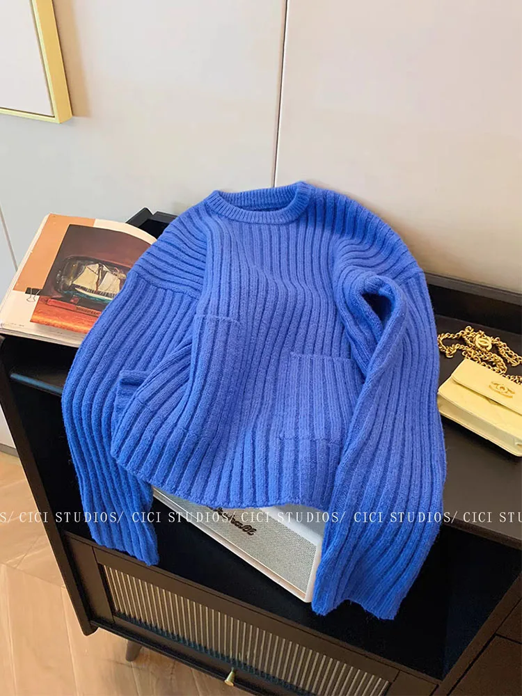 Корейские модные синие свитера с круглым вырезом осень-зима повседневные
