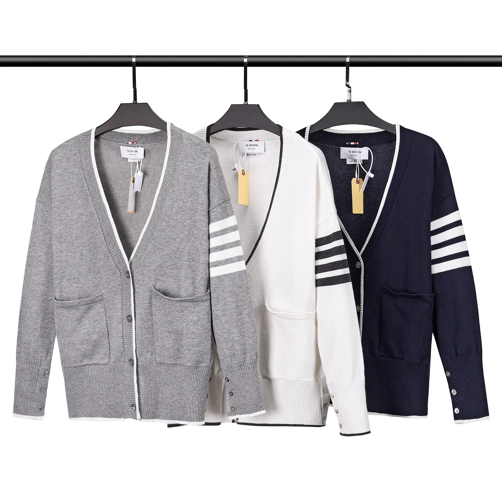 

TB BROWIN Autumn Winter Men Wool Cardigan V-Neck Korean Design Women Jacket Casual Knitted Long Sleeve Pockets Outerwear