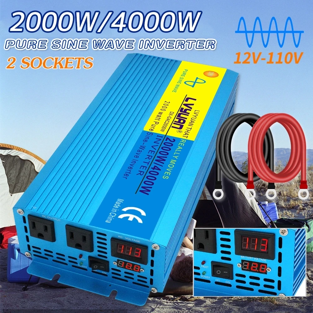 

NEW 2000W/4000W PURE SINE WAVE inverter DC 12V/24V To AC 110V LED Digital Display Voltage Converter US socket Auto Accessories