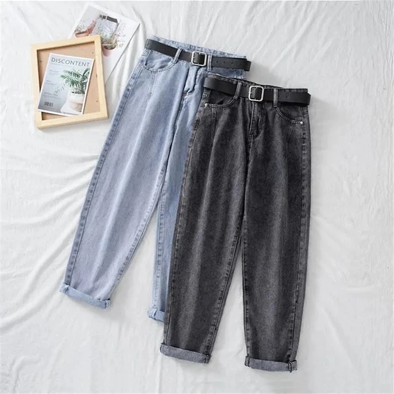 

New High Waist Jeans Women Harem Pants Loose Casual Korean Mom Jeans Vintage Female Denim Trousers Plus Size Pantalon With Belt