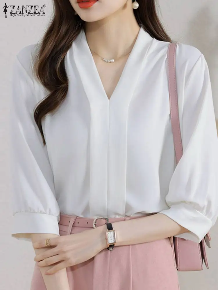 

Женская Элегантная блузка ZANZEA с V-образным вырезом и рукавом до локтя, летняя повседневная однотонная туника, топы 2023, Модные свободные блузки для женщин
