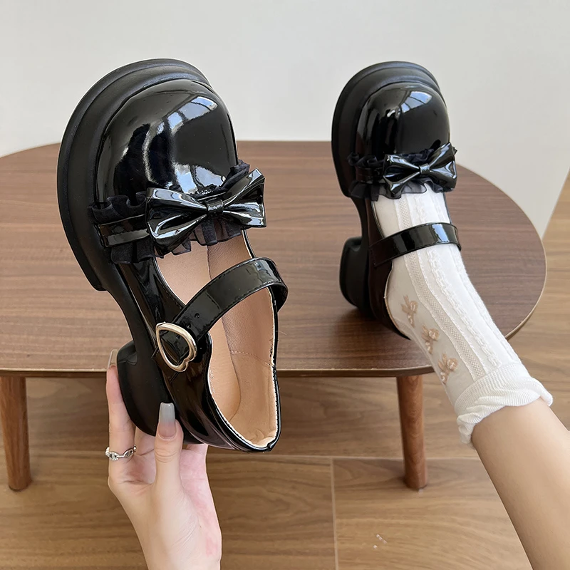 

Lolita Sweet Bow Low Heels Women Sandals Summer Autumn New Mary Janes Pu Leather Dress Chunky Female Shoes Fashion Women Shoes