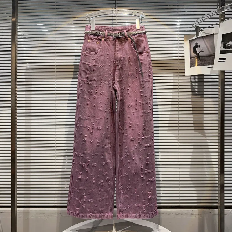 

PREPOMP 2023 Summer New Arrival Ripped Vintage Purple Long Denim Pants Women Wide Leg Jeans Belt GK972