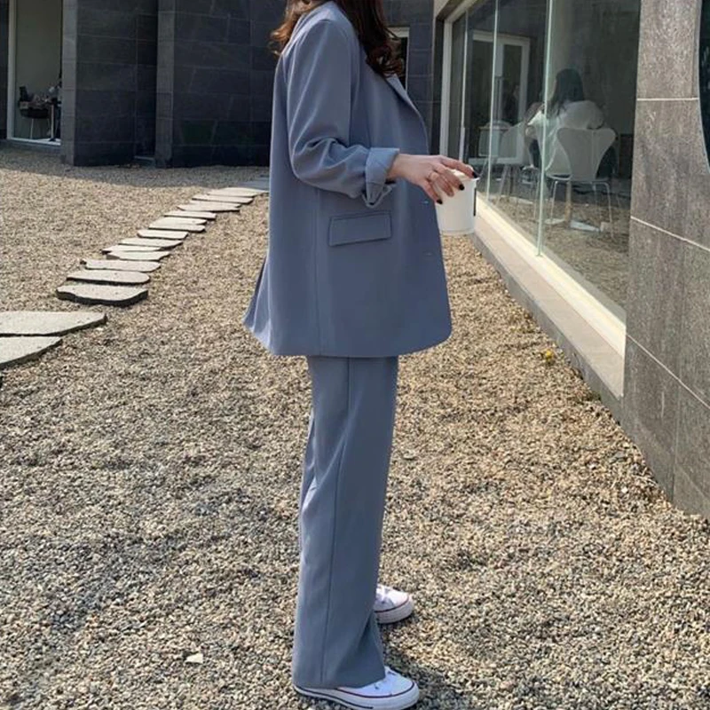 Spring Fall Women Blue Two-Piece Set Blazers+Straight High Waist Mopping Trousers Office Ladies Korean Chic Fashion Pant Suits