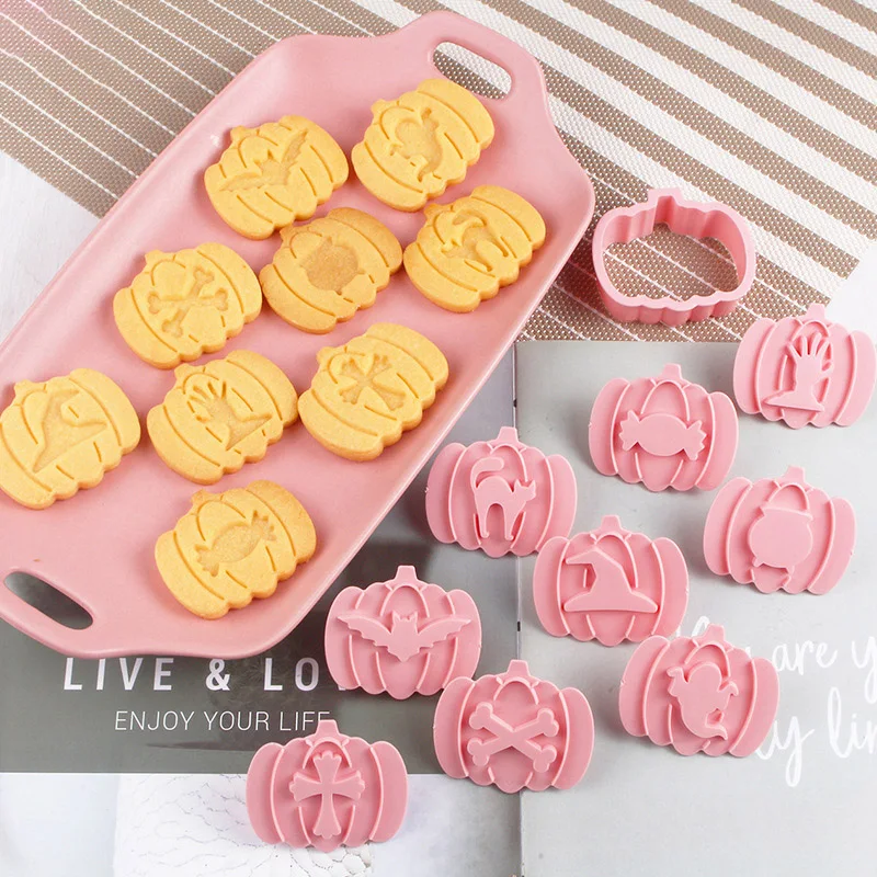 

1set Halloween Cookie Cutters Pressable Biscuit Stamp Mold Pumpkin Ghost Moulds DIY Cookies Cake Baking Mold Kitchen Accessories