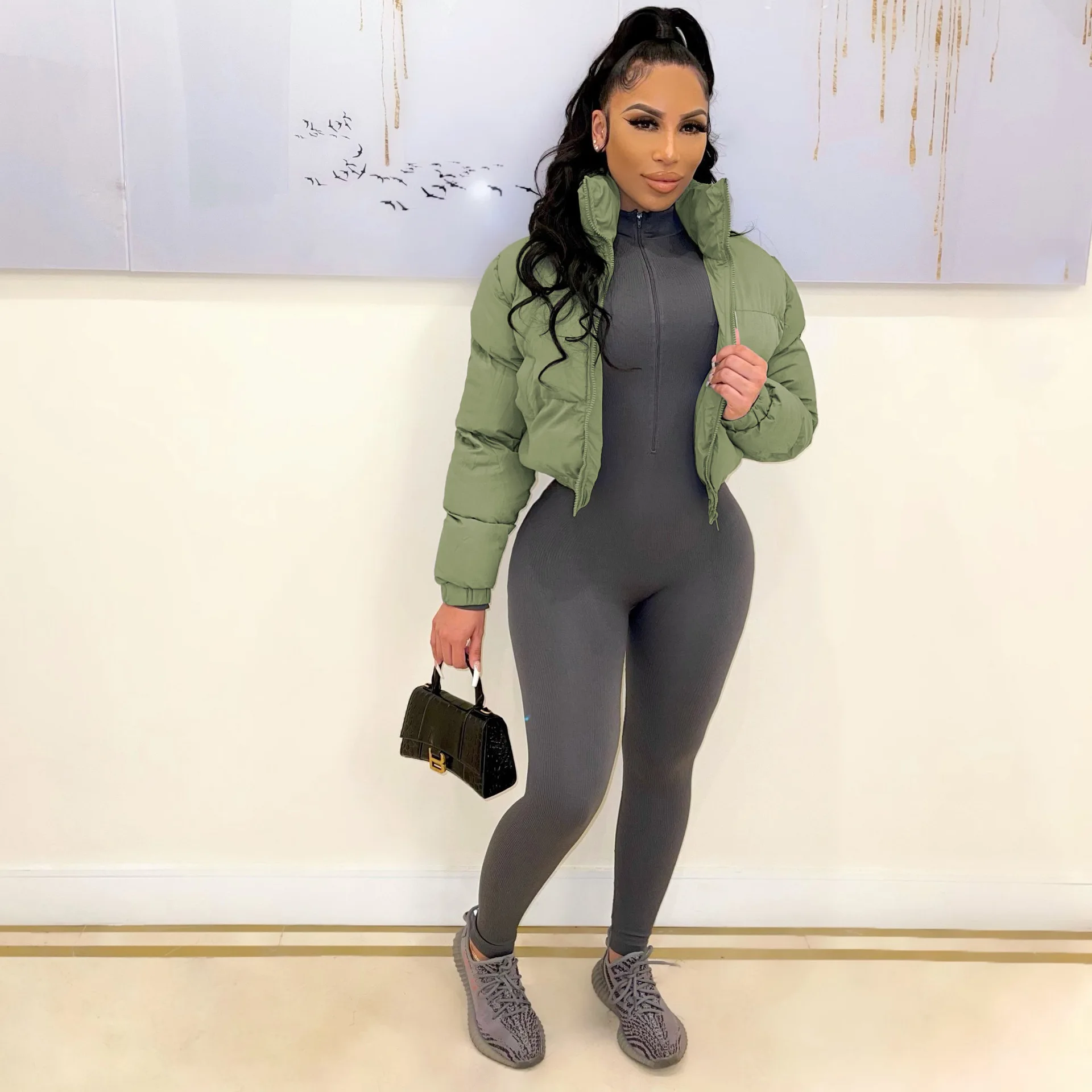 Bubble Puffer Coats Crop Jacket Fur Collar Casual Thick Warm Down Cropped Coat 2022 Women Y2K Clothes Streetwear Letter Jakcets