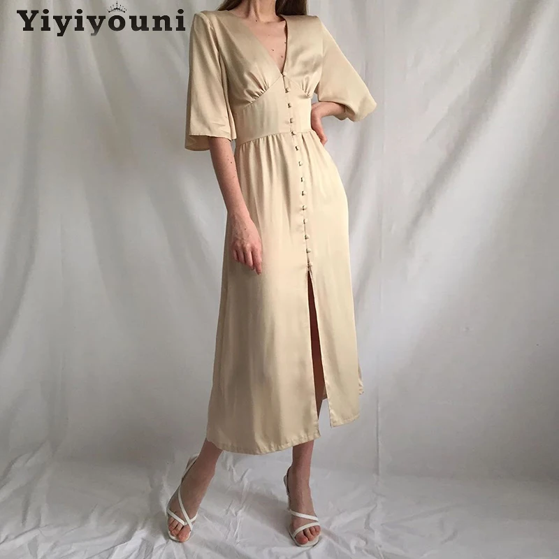 

Платье Yiyiyouni женское с глубоким V-образным вырезом, Элегантное макси-платье-трапеция на пуговицах, с разрезом спереди, с завышенной талией, п...