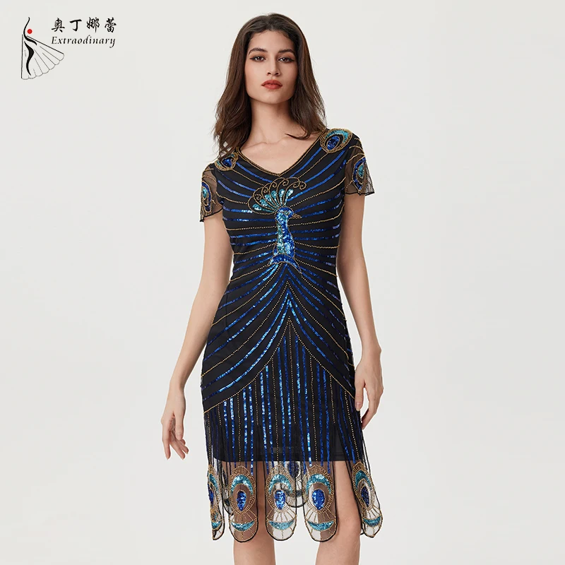 Женское вечернее платье в стиле ретро с синим павлином и короткими рукавами