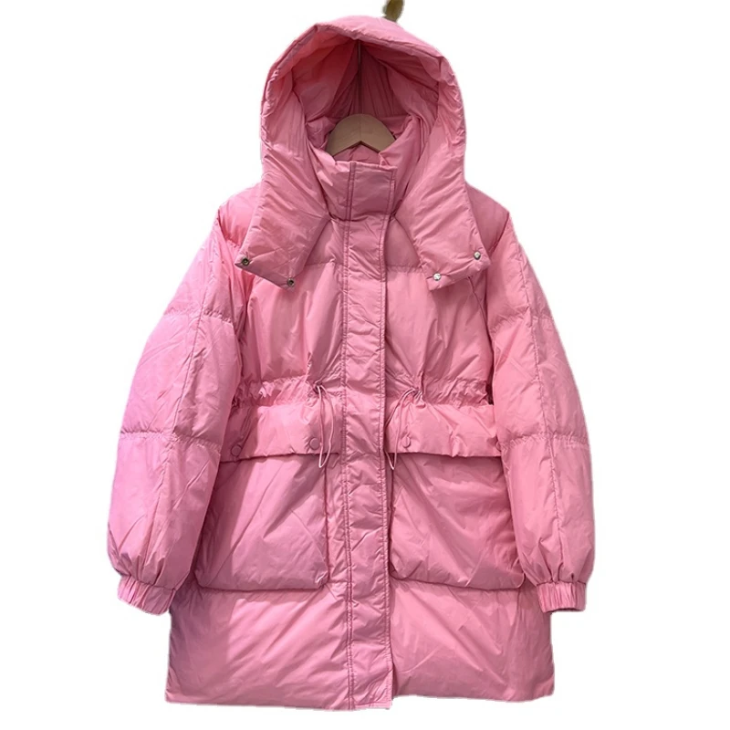 

Korean Winter New Down Jacket Women's Loose Thickened Warm Tight Hooded White Duck Down Jacket Long Sleeve Casual Coat H117